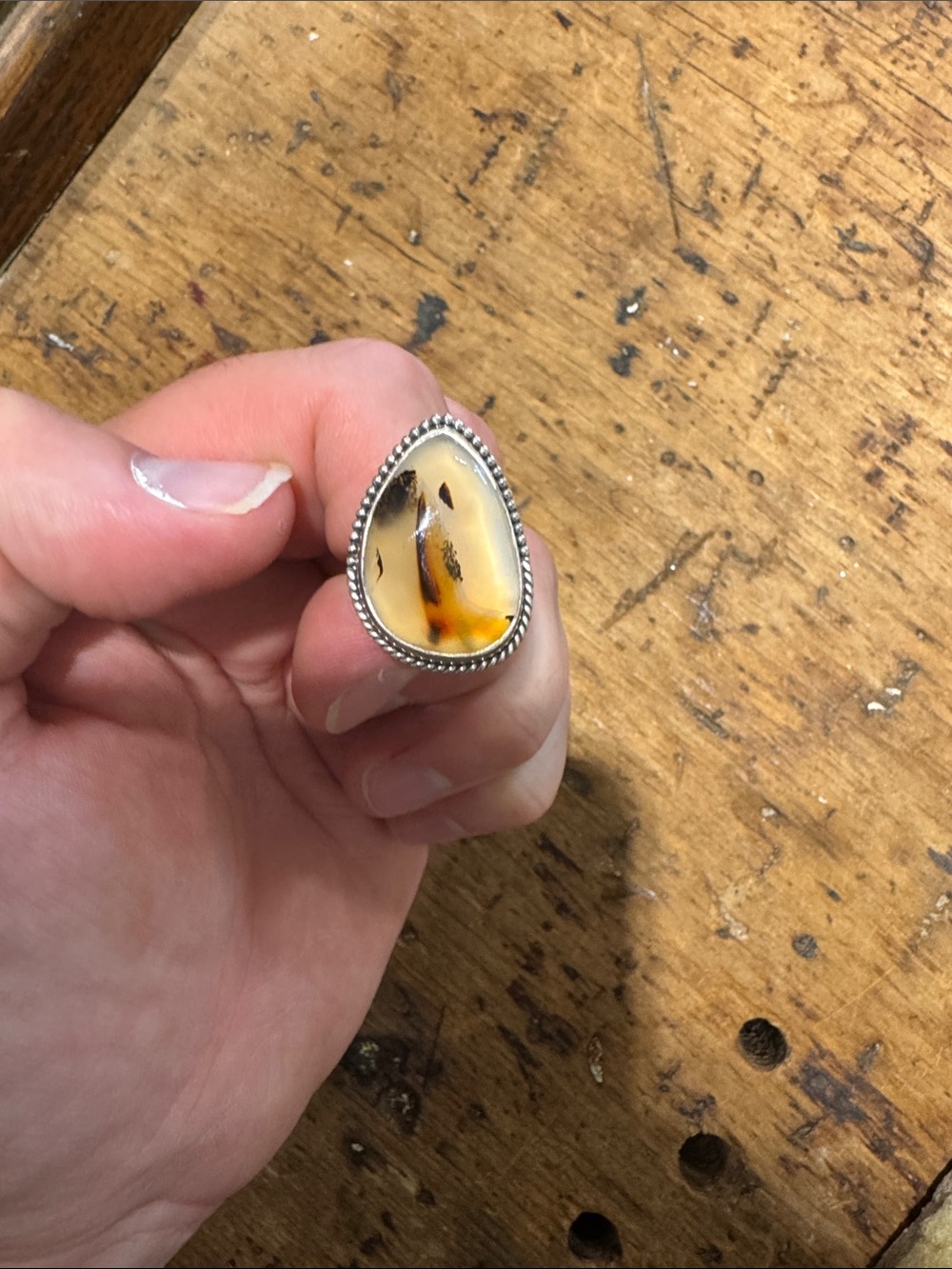 Sterling Silver Montana agate  Teardrop Ring - Yellow Amber size 9
